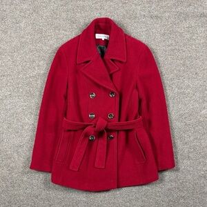 Calvin Klein Red Double Breasted Belted Wool Blend Pea Coat Women’s 12 P Jacket